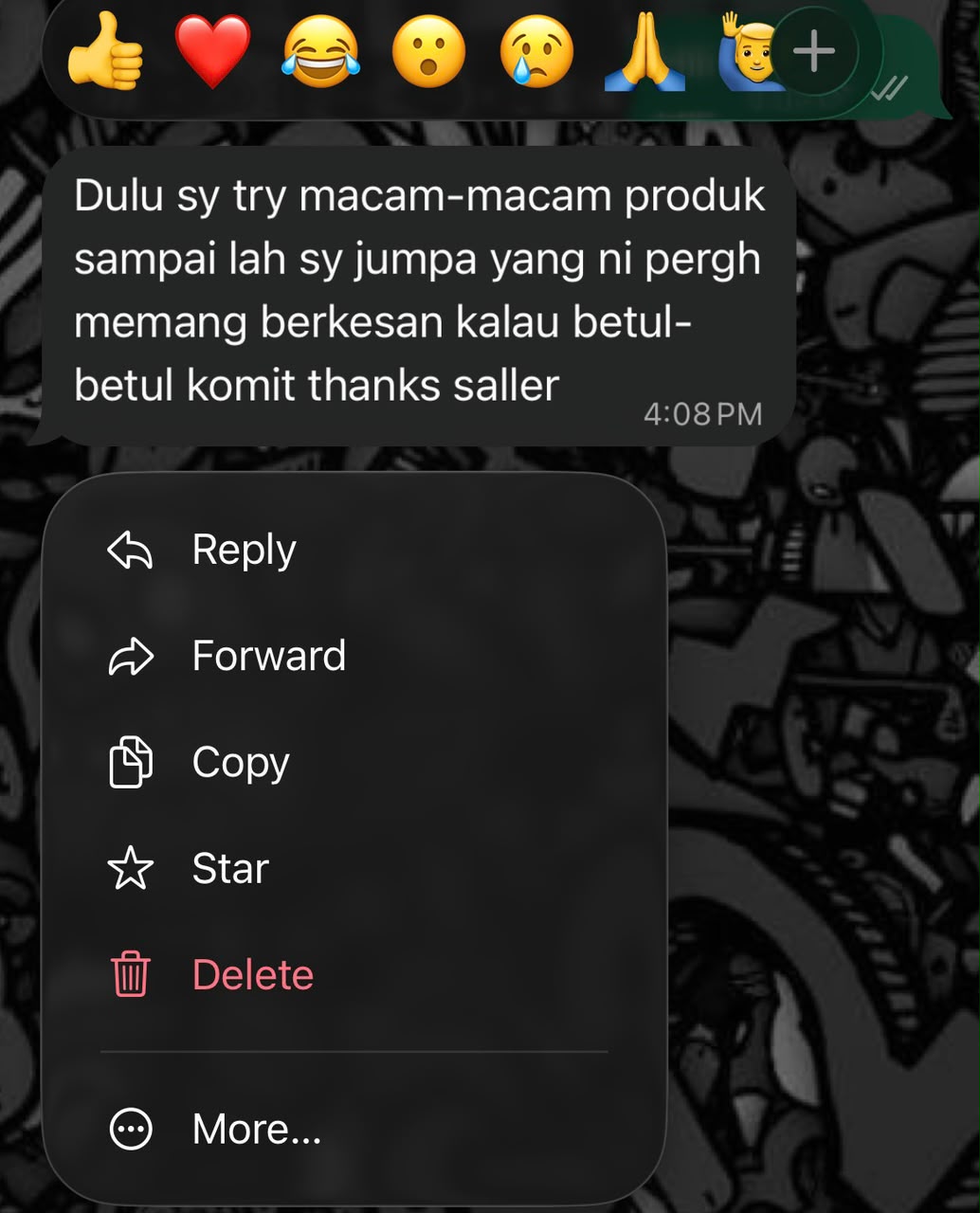 Screenshot testimoni WhatsApp pelanggan Obsidian Max